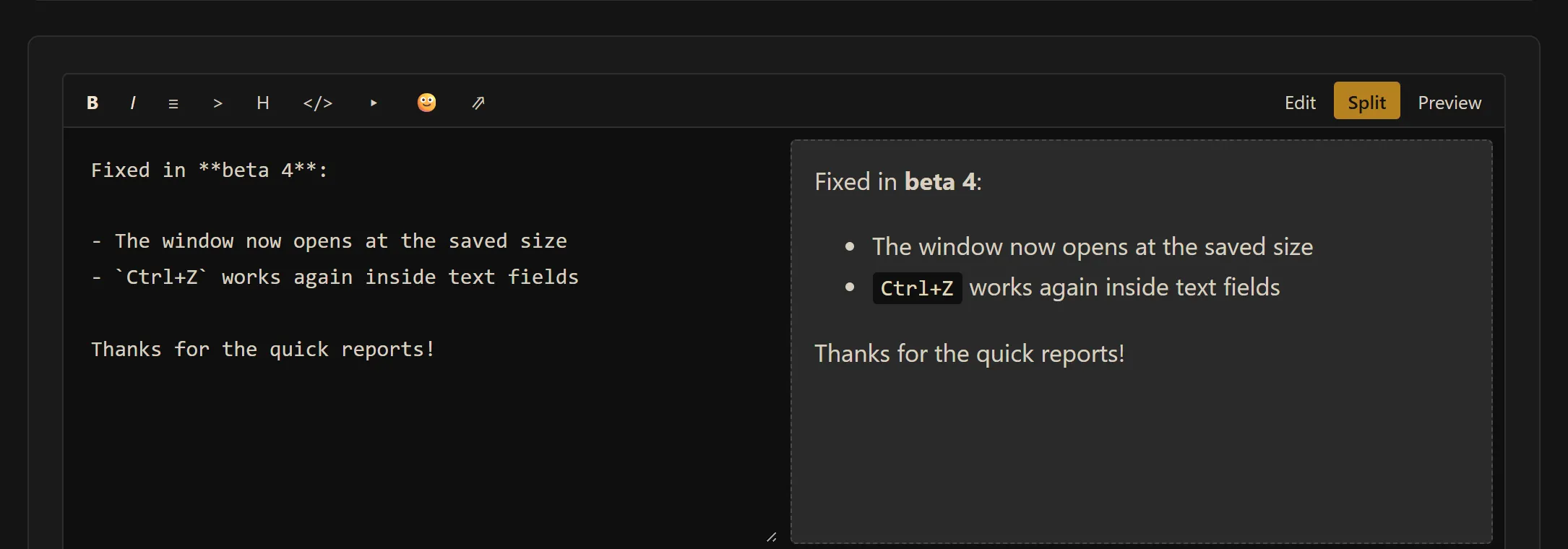 Editor des Beta-Forums mit geteilter Ansicht aus Text und Vorschau