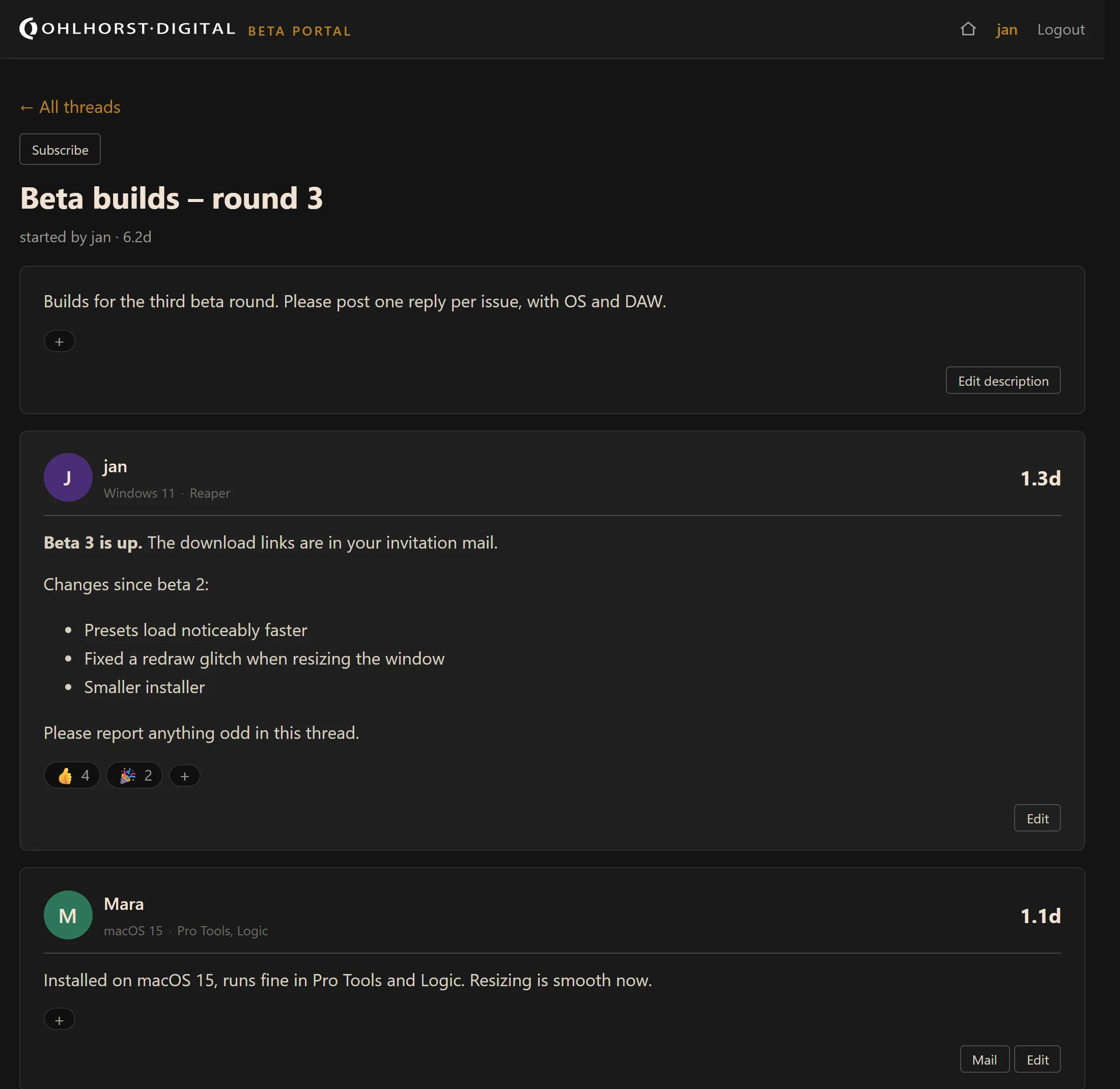 Ein Thema im Beta-Forum mit Beiträgen, Reaktionen und System-Angaben