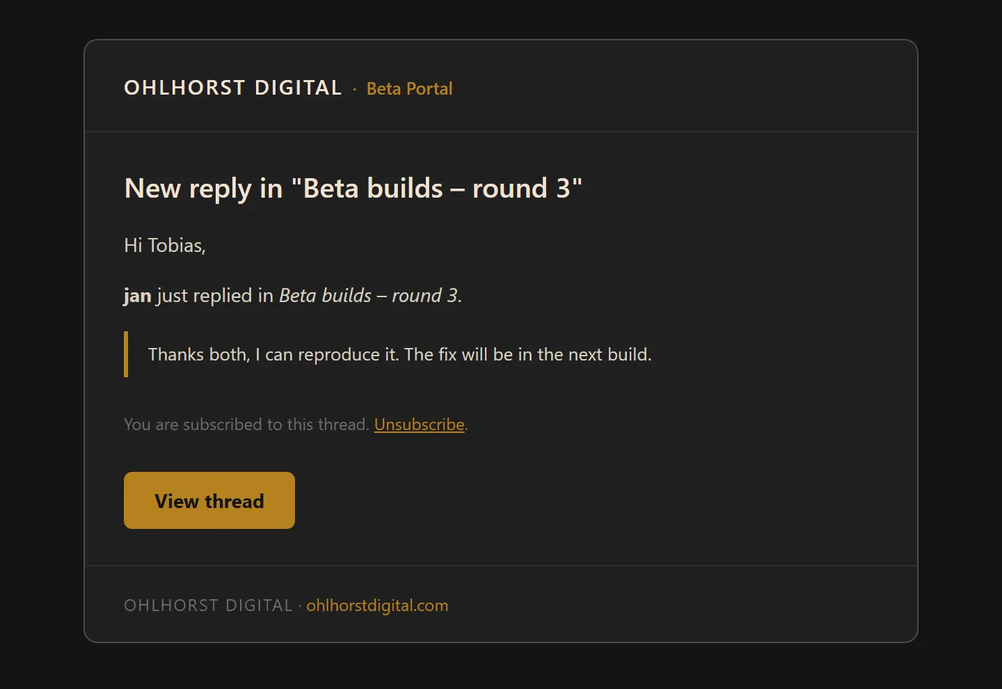 Benachrichtigung über eine neue Antwort im Beta-Forum, mit Beispieldaten