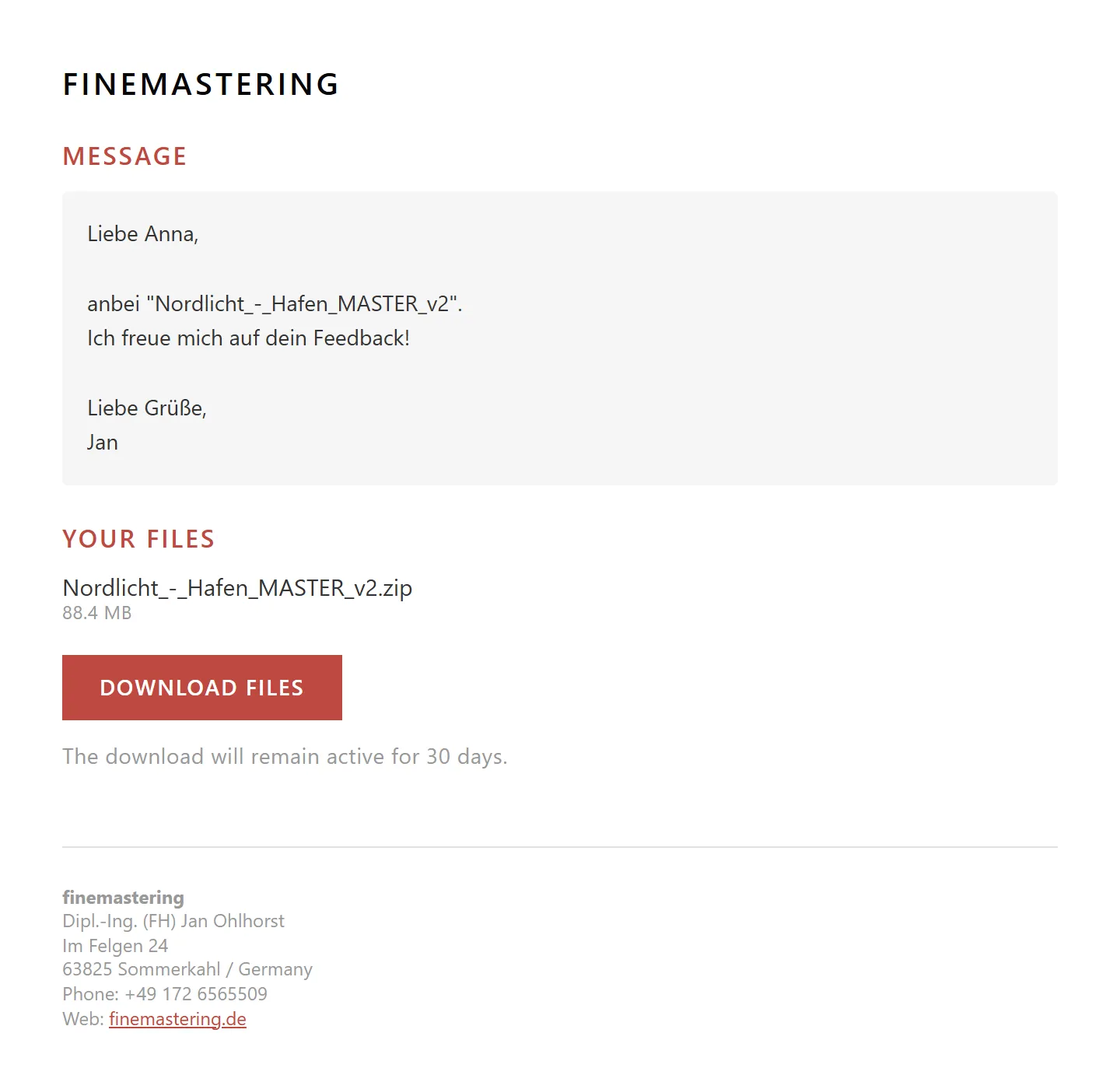 Email to the client with message and download link, with sample data