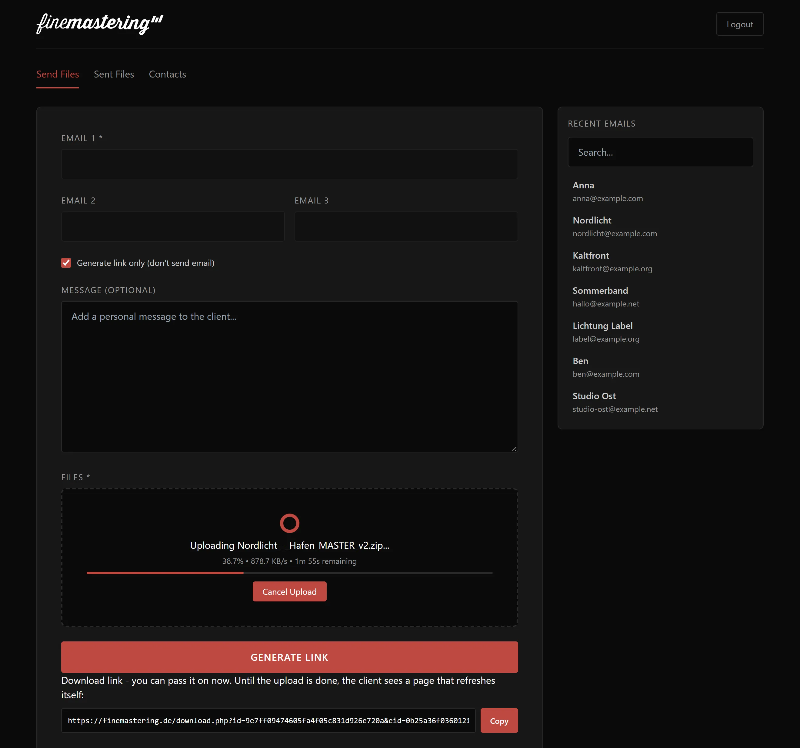 Send page of the upload portal: the upload is running and the link is already there