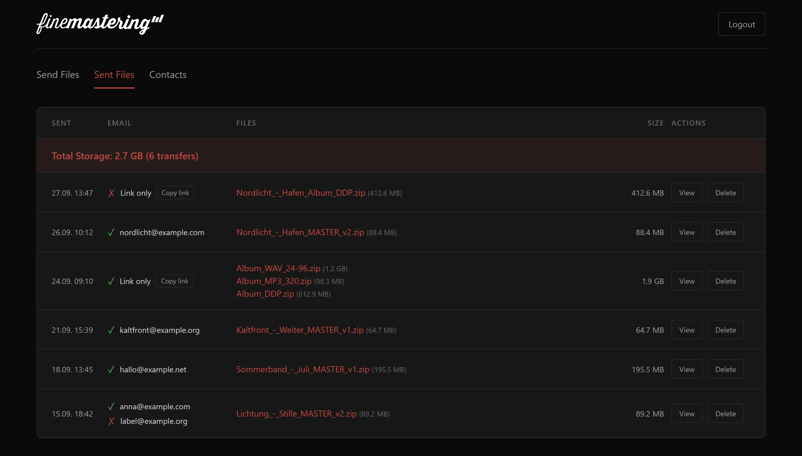 Overview of sent files with download status